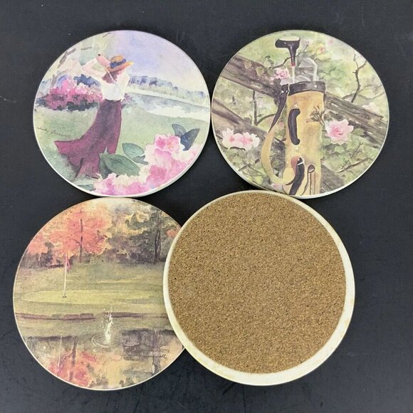 Assorted Set Of 4 CoasterStone Round Golf-Themed Coasters With Cork Backing - Picture 2 of 5